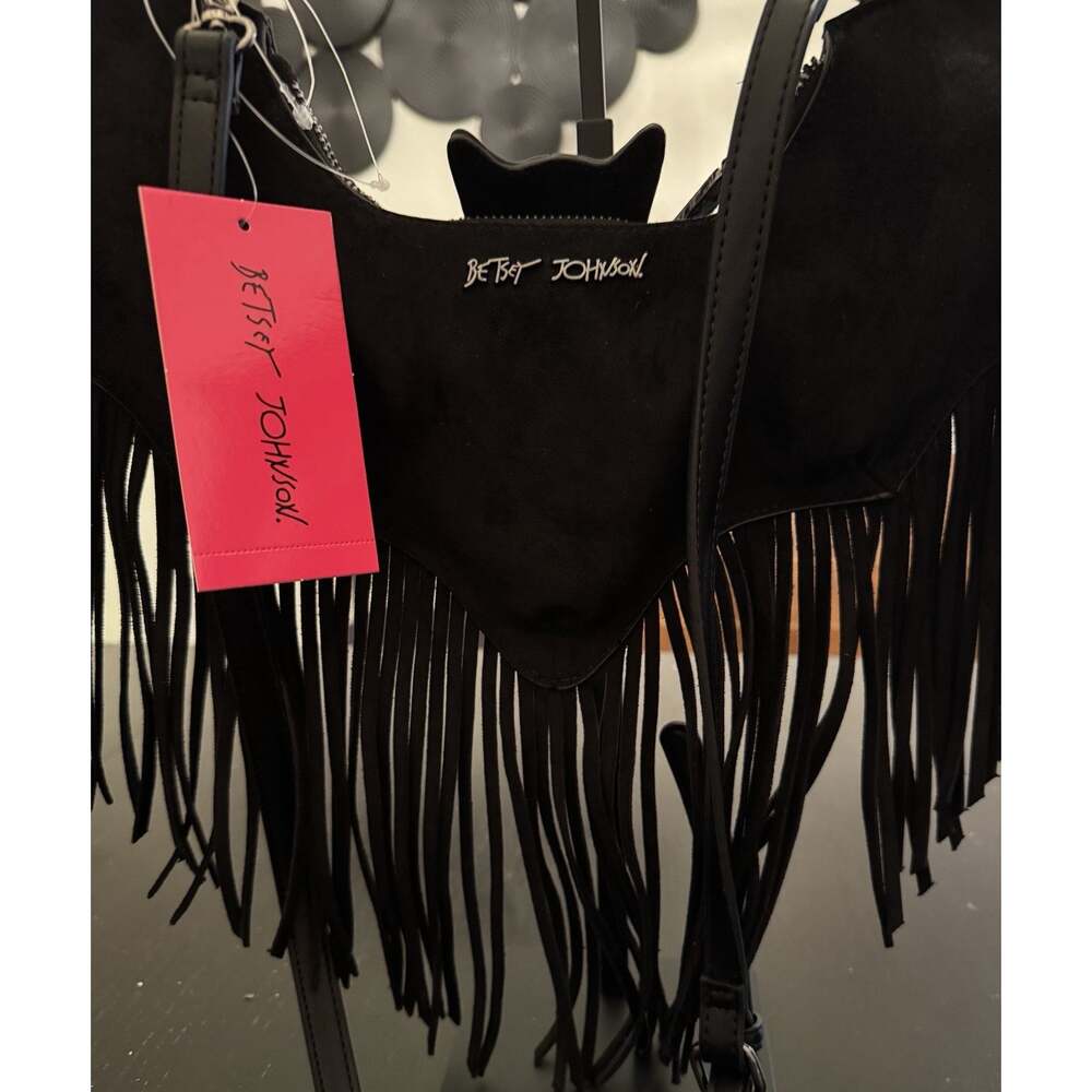 BETSY JOHNSON Suede Halloween Bat Fringe Purse Goth Crossbody Bag Black NWT - Picture 5 of 6
